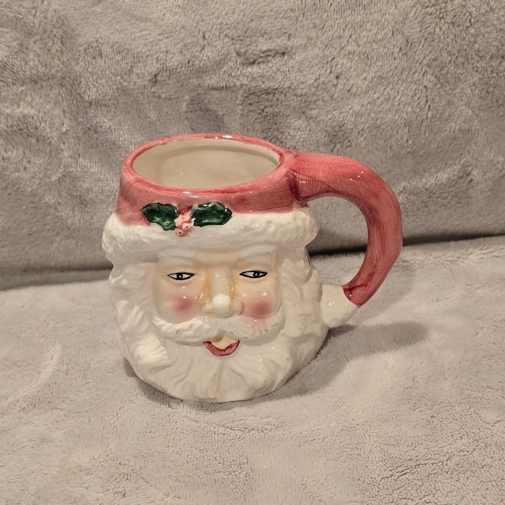 Vintage Ceramic Santa Claus Face Mug Christmas Hand Painted Red White 3.5"
